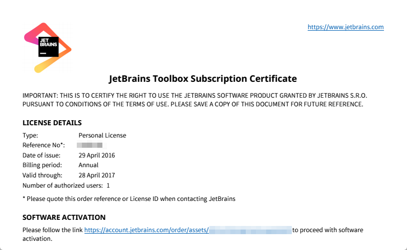 JetBrains社から届いたメールの添付ファイル