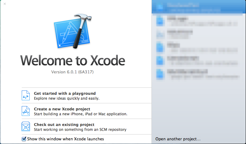 Xcode6起動後の初期ウィンドウ