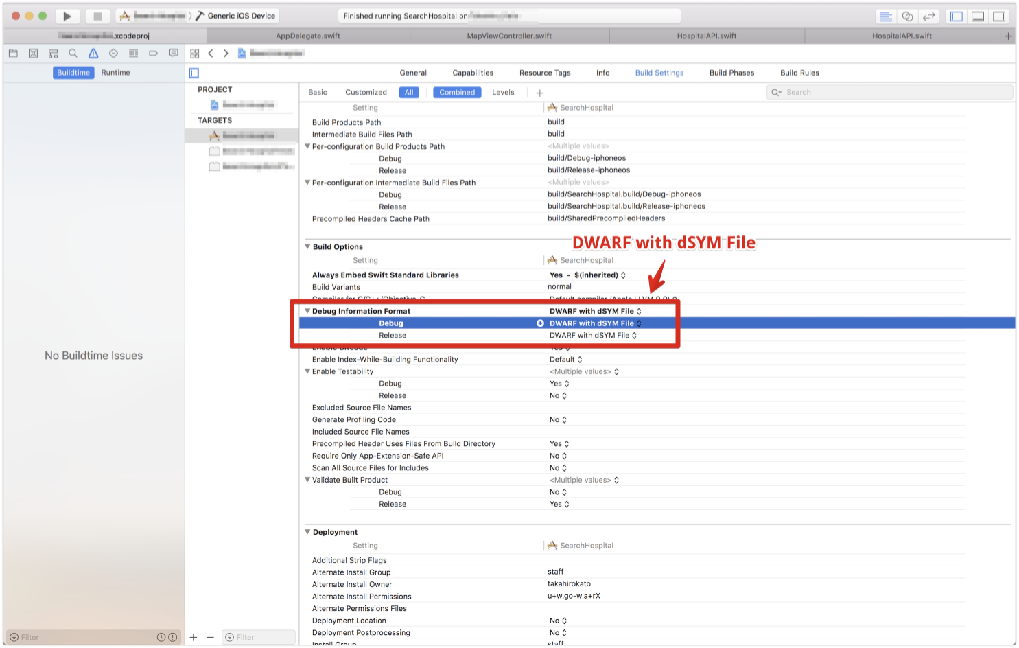 Debug Information FormatをDWARF with dSYM Fileに変更する